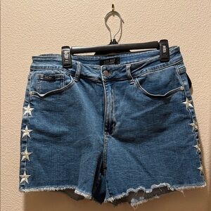 Judy Blue Blue Denim Star Side-Trim Frayed Shorts
